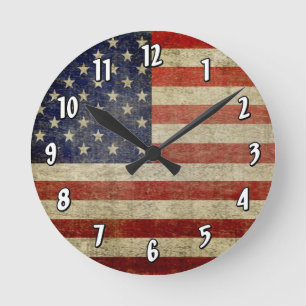 Horloge Ronde Drapeau américain patiné et en détresse