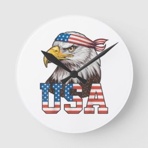 Horloge Ronde Drapeau américain USA Hommes Femmes Enfants Aigle