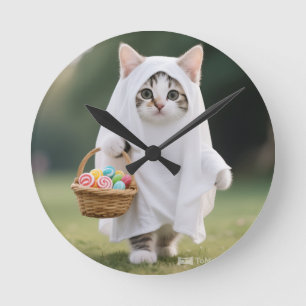 Horloge Ronde Drapeau de chat fantôme - Fête d'Halloween