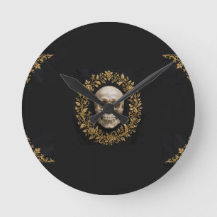 Horloge Ronde Drapeau de jardin Halloween Crâne Gothique Noir et