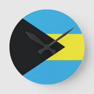 Horloge Ronde Drapeau des Bahamas en noir, or et Aquamarine