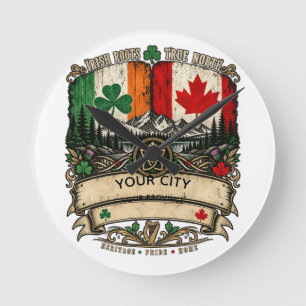 Horloge Ronde Drapeau irlandais canadien personnalisé Ville Prov