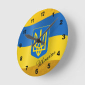 Horloge Ronde Drapeau ukrainien & emblème de l'Ukraine, texte /D (Angle)