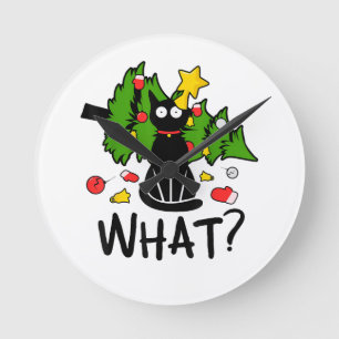 Horloge Ronde Drôle Chat Noir Arbre de Noël Joyeux Santa Humour