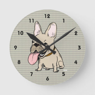 Horloge Ronde Drôle de Bouledogue Français avec une énorme langu
