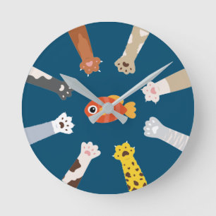 Horloge Ronde Drôle Design Chats Jouer Pour Attraper Du Poisson