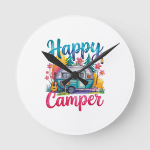 Horloge Ronde Drôle Happy Camper Équipement de Camping Remorque