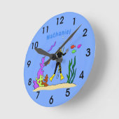 Horloge Ronde Drôle plongeur et poisson mer créatures dessin ani (Angle)