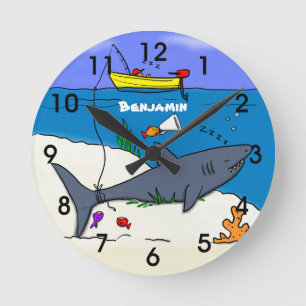 Horloge Ronde Drôle requin couché et dessin animé de pêche