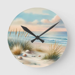 Horloge Ronde Dunes côtières pastel à l'aquarelle