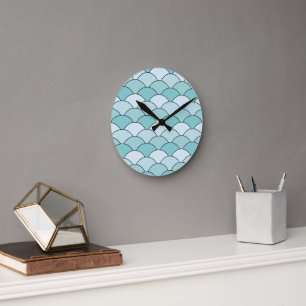 Horloge Ronde Écailés de dragon, éventails, vagues, Seigaiha, bl