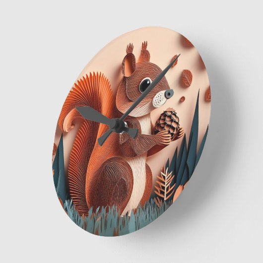 Horloge Ronde Écureuil d'art en papier tenant une noix 3D (Angle)