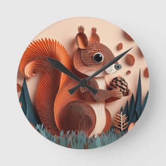 Horloge Ronde Écureuil d'art en papier tenant une noix 3D