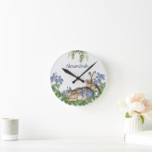 Horloge Ronde Elégant bleu Floral Rabbit Aquarelle Mignonne Lapi (Maison)