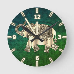 Horloge Ronde Elégant Eléphant Floral Paisley Or, Damas Vert