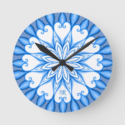 Horloge Ronde Elégant esthétique blanc & bleu Mandala Monogramme (Recto)