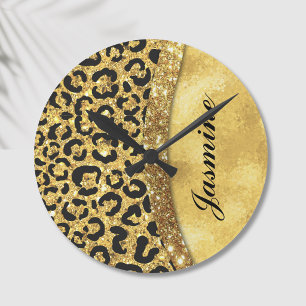 Horloge Ronde Élégant faux paillettes dorées impression animale