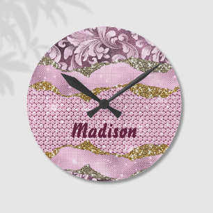 Horloge Ronde Elegant floral glittery Purple pink gold monogram