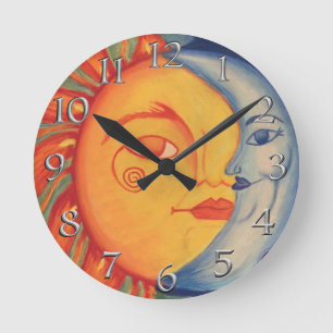 Horloge Ronde Elégant moderne Lune Soleil Pierre Jaune Ciel Ble