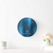 Horloge Ronde Élégant Monogramme Brossé Métallique Bleu (Maison)