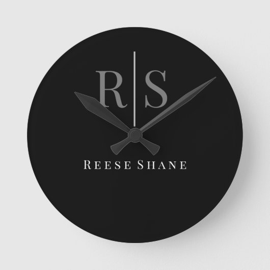 Horloge Ronde Élégant monogramme gris et nom blanc en DIY, noir (Recto)