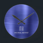 Horloge Ronde Élégant Monogramme Marine Bleu Brossé Métal<br><div class="desc">Elégant Monogramme Personnalisé Marine Bleu Brossé Horloge Ronde.</div>