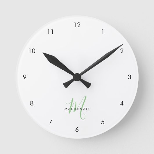 Horloge Ronde Élégant Monogramme moderne blanc vert Script (Recto)