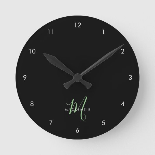 Horloge Ronde Élégant Monogramme moderne noir vert Script (Recto)