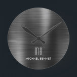 Horloge Ronde Élégant Monogramme Noir brossé Métallique<br><div class="desc">Élégant Monogramme Noir brossé Personnalisé Horloge ronde</div>