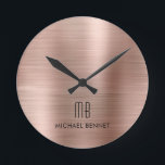 Horloge Ronde Élégant Monogramme Rose Or brossé métal<br><div class="desc">Elégant Personnalisé Monogramme Rose Or Brossé Horloge ronde</div>