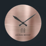 Horloge Ronde Élégant Monogramme Rose Or brossé métal<br><div class="desc">Elégant Personnalisé Monogramme Rose Or Brossé Horloge ronde</div>