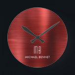 Horloge Ronde Élégant Monogramme Rouge brossé Métallique<br><div class="desc">Élégant Monogramme Rouge Brossé Personnalisé Horloge Ronde.</div>