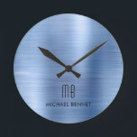 Horloge Ronde Elegant Monogrammed Blue Brushed Metallic<br><div class="desc">Personnalized Elegant Monogrammed Blue Brushed Round Clock.</div>