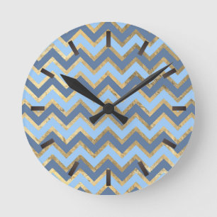 Horloge Ronde Élégant Motif Chevron bleu et or