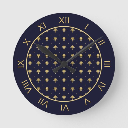 Horloge Ronde Elegant Navy Blue et Gold Damask (Recto)