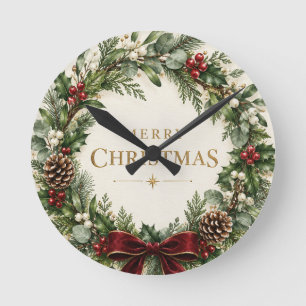 Horloge Ronde Élégant Noël botanique, verdure vintage