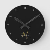 Horloge Ronde Élégant Noir Moderne Script Monogramme (Recto)