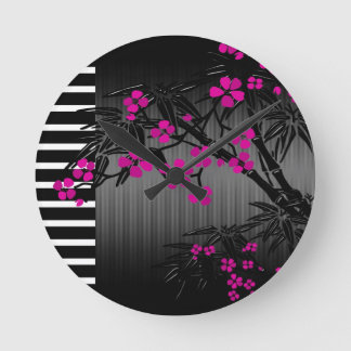 Horloge Ronde Elegant Pink Blossom Black Asian Bamboo