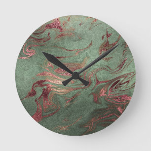 Horloge Ronde Elégant rose en cuivre moderne or marbre vert