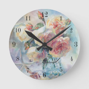 Horloge Ronde Elegant Rose Watercolor Painting Black Dial