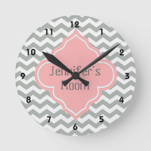 Horloge Ronde Elégant, tendance, moderne, gris, chevron rose