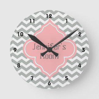 Horloge Ronde Élégant, tendance, moderne gris, chevron rose