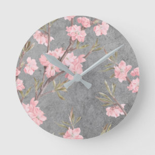 Horloge Ronde Elégant Vintage Delicate Fleurs Roses Gris