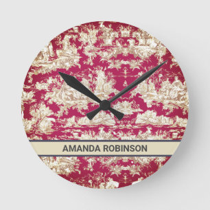 Horloge Ronde Élégant vintage lac rouge toile de jouy monogramme