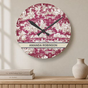 Horloge Ronde Élégant vintage lac rouge toile de jouy monogramme