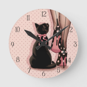 Horloge Ronde Elegant young woman and black cat