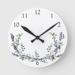 Horloge Ronde Elégante aquarelle Lavande et Eucalyptus