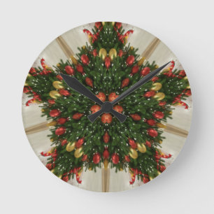 Horloge Ronde Élégante couronne de Noël Rouge Vert Kaleidoscopiq