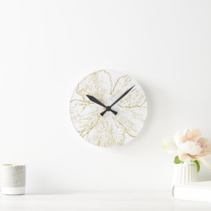 Horloge Ronde Élégante ligne florale dorée minimaliste ronde
