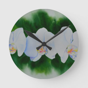Horloge Ronde Elégante peinture d'orchidée tropicale blanche